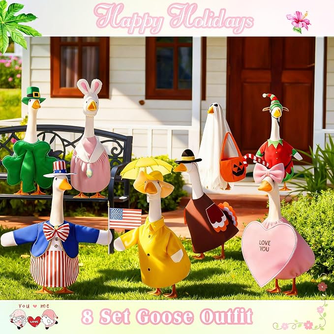 FuWeave 8 Set Holiday Porch Goose Outfits 23'' Goose Clothes Summer Fall Halloween Christmas Winter Thanksgiving Valentine St. Patrick Easter 4th of July Lawn Porch Geese Costume for Patio Yard Decor
