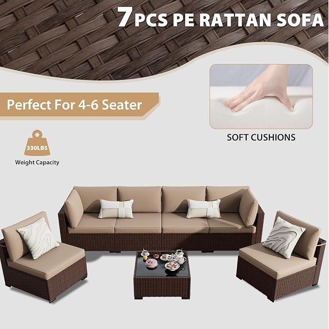 KIGOTY 7-Piece Patio Furniture Set, All-Weather PE Rattan Outdoor Sectional Sofa, Modular Wicker Conversation Set with Thick Cushions & Easy-Clean Coffee Table（Brown/Camel）