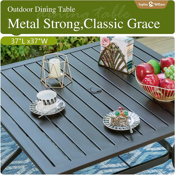 Sophia & William Patio Dining Set with 10ft 3 Tier Auto-tilt Beige Umbrella, 6 Piece Outdoor Table and Chairs with 4 Padded Swivel Rocker Dining Chairs, 1 Square Metal Table and 1 Umbrella