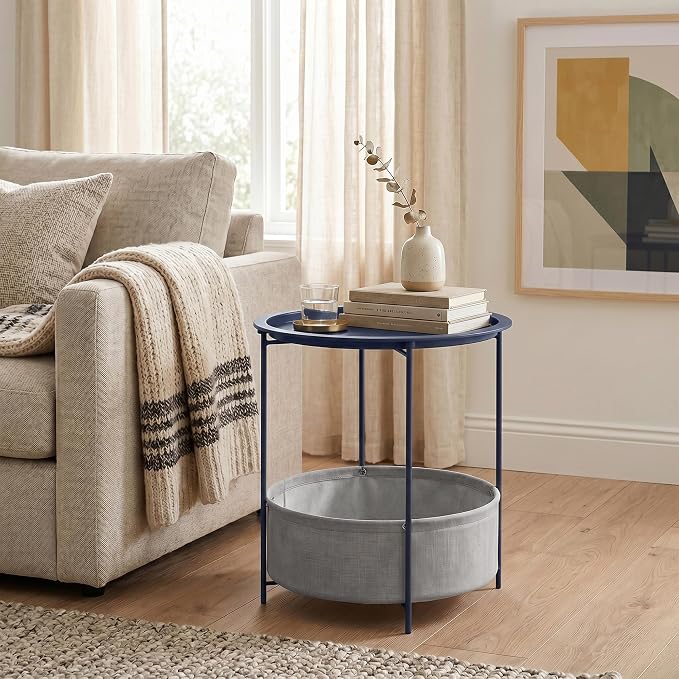 VECELO Round Side/End Table with Fabric Storage Basket，Metal Anti-Rust and Waterproof Small Bedside Nightstand with Removable Tray Top for Living Room，Balcony & Laundry，Blue /2pcs with Basket