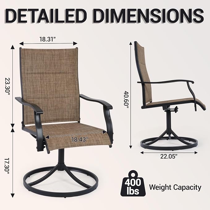 Patio Swivel Rocker Chairs Set of 2, Outdoor Dining Chairs High Back,15° Gentle Rocking Patio Chair with Padded Textilene, Metal Frame for Poolside Lawn Garden,Brown(2 PCS)