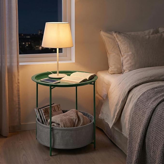 VECELO Round Side/End Table with Fabric Storage Basket，Metal Anti-Rust and Waterproof Small Bedside Nightstand with Removable Tray Top for Living Room，Balcony & Laundry，Dark Green /1pcs with Basket