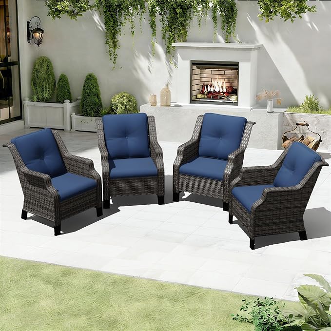 Outdoor Patio Chairs Set of 4, Wicker Patio Furniture with Thick Cushions, Curved Armrest, Deep Seating, Rattan Outdoor Chairs for Porch, Deck, Balcony