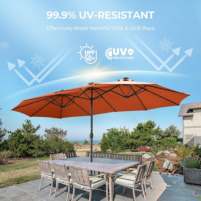 HOMSHADE Double Sided Patio Umbrellas - 13ft Solar Lights LED Lighted Outdoor Extra Large Market Table Umbrella with Base Included, Oversized Umbrella for Deck, Pool, Backyard