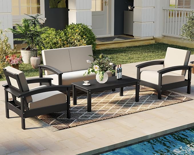 GREENVINES Deluxe 4-Piece Patio Furniture Set | HDPE Plastic | Outdoor Sectional Conversation Sets | All-Weather Couch | Sofa with Coffee Table | Black Frame w/Beige Cushion | for Porch Lawn | Black