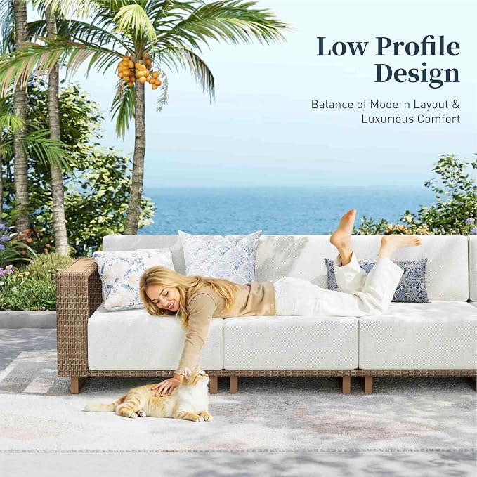 SUNSHINE VALLEY Patio Furniture Set, Outdoor Sectional Conversation Sets, Yellow Rattan Wicker Sofa with 10''Ultra-Thick Cushions, 6 Pieces Lawn Garden Backyard Furniture