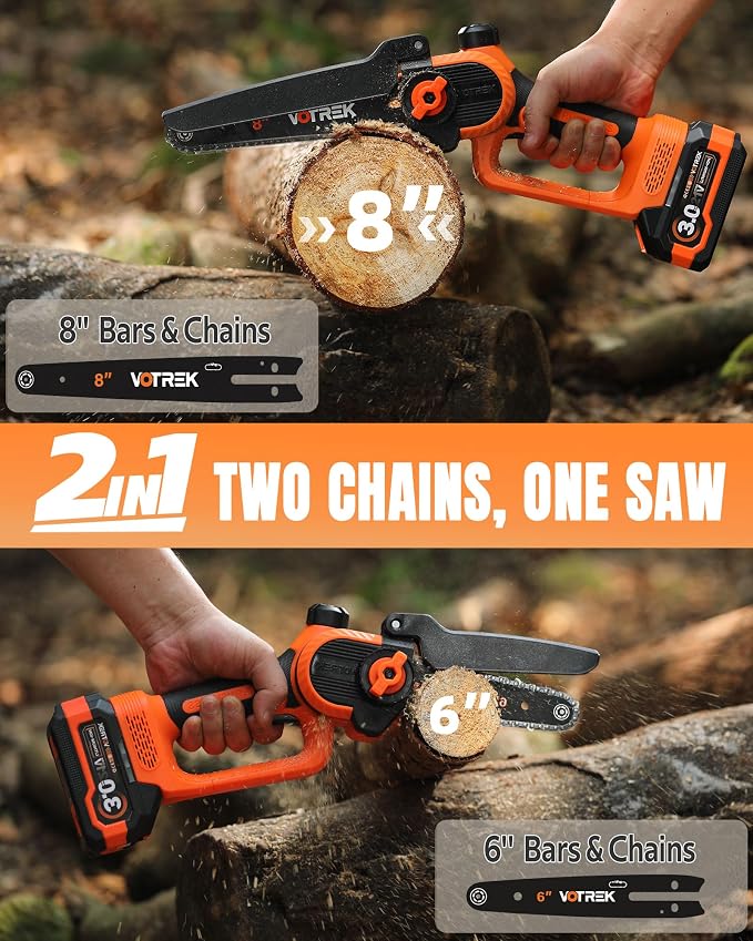 VOTREK® 6-Inch & 8-Inch Mini Chainsaw Cordless, 2 x 3.0Ah Batteries, Electric Chain Saw with 2 Chains, 2 Bars, Brushless Motor, Auto Oiler, Tool-Free Tensioner for Tree Trimming and Yard Cleanup