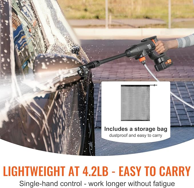 VEVOR Cordless Pressure Washer, 580-PSI 1.1 GPM Portable Power Cleaner, Handheld High-Pressure Car Washer Gun with 4.0Ah Battery, Charger, 6-in-1 Nozzle, for Home/Floor Cleaning & Watering