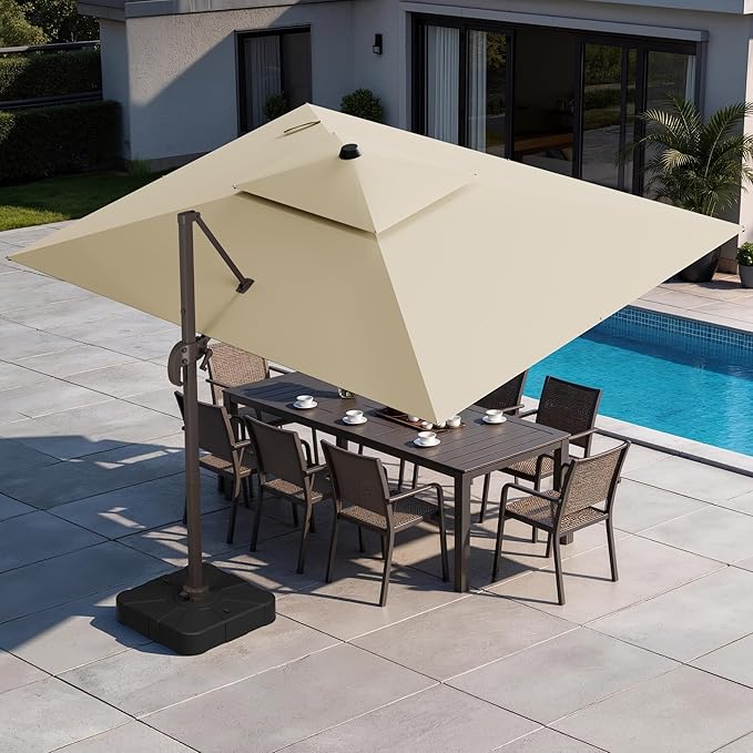 GENTEACO 9x12FT Cantilever Patio Umbrella with Base Included, Double Top Rectangle Offset Umbrella 7 Angle Tilts & 360° Rotation, Large Heavy Duty Outdoor Sun Umbrella for Pool Market, Beige