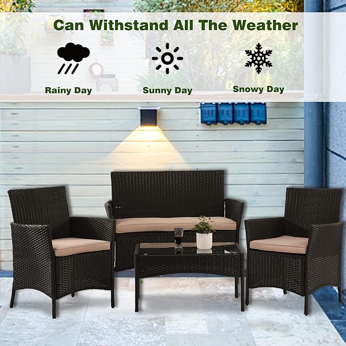PayLessHere 4 Pieces Patio Furniture Set Rattan Outside Furniture Wicker Sofa Garden Conversation Sets with Soft Cushion and Glass Table for Yard Pool or Backyard,Black