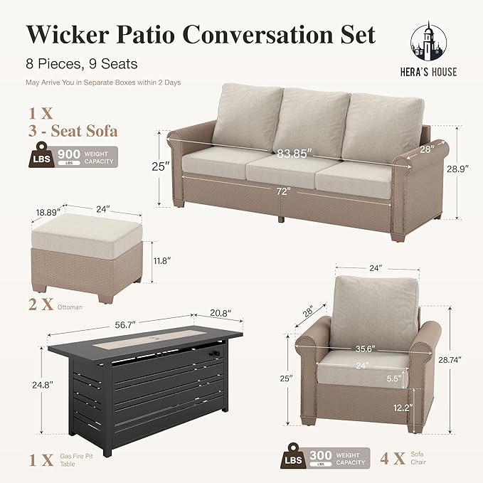HERA'S HOUSE 8 Pieces Patio Furniture Set, All Weather 9 Seats Outdoor Wicker Sofa with Ottomans, Rattan Patio Conversation Set with 5.5" Cushions and 57" Fire Pit Table, Beige