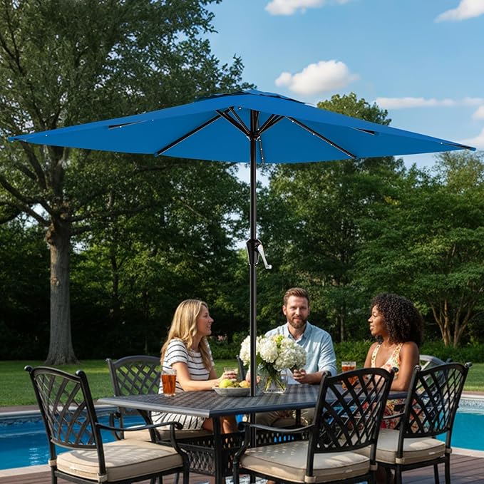 AreShark 8' X 10' Rectangular Patio Umbrella with Solar Lights, Lighted Solar Umbrella with Crank, Outdoor Table Umbrella for Garden, Deck, Backyard, Pool and Beach, Royal Blue