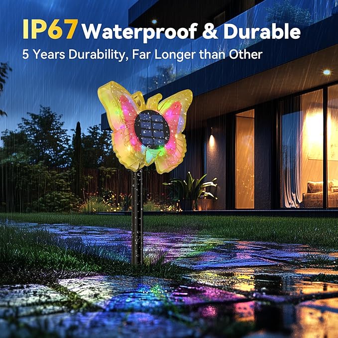 Solar Butterfly Lights Outdoor-Color-Changing 3D Glow-2-in-1 Wall & Ground-Butterfly Lights for Outside-Waterproof Garden Decorations for Patio Lawn Yard Fence Backyard Decor (4 Pack)