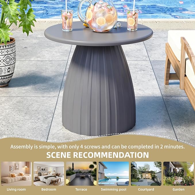 Round Metal Outdoor Patio Side Table, Steel Outdoor Accent Table, Small Patio End Table, for Garden, Pool, Yard, Balcony, Living Room, Deck, Weather Resistant, No Assembly, Grey