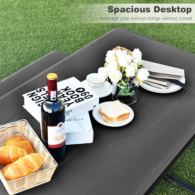 Moccha Picnic Table Bench Set - Portable Plastic Picnic Table w/Steel Frame & Wood-Like Texture, All Weather Heavy Duty Picnic Table Kit, Picnic Tables for Outdoors Garden Patio Party Dining (Black)