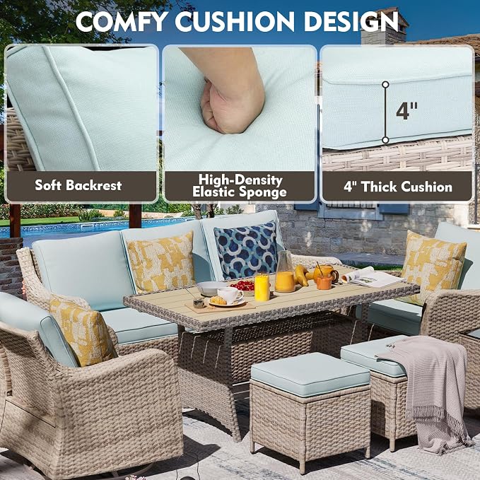 MEISSALIVVE 7 Pieces Patio Furniture Set with Swivel Chairs, Wicker Patio Conversation Set, Outdoor Patio Set with 2 Swivel Rocking Chair & Sofa, 2 Ottomans and Dining Table (Blue)