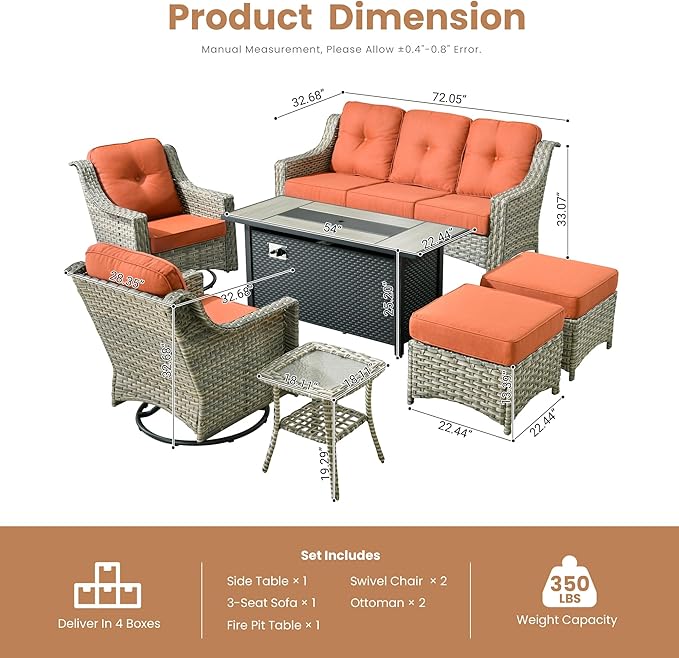 HOOOWOOO Patio Furniture Set,7 Pieces Wicker Outdoor Furniture,High Back Conversation Set with All Weather Resistant Fire Pit Table Couch Swivel Chairs Ottomans,Red