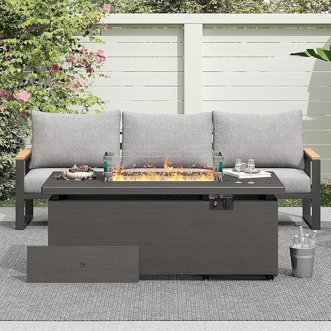 Sundale Outdoor Aluminum Patio Furniture Set, 4 Piece Outdoor Conversation Sets with Fire Pit and 6" Thick Olefin Cushions, All Weather Outdoor Sectional Set for Deck, Lawn, Yard (Grey)