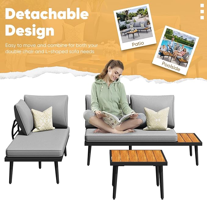 Greesum Outdoor Sectional Sofa Set L-Shaped Metal Patio Furniture with All-Weather Cushions and Built-in Side Coffee Table for Garden, Lawn, Backyard, Poolside, Gray