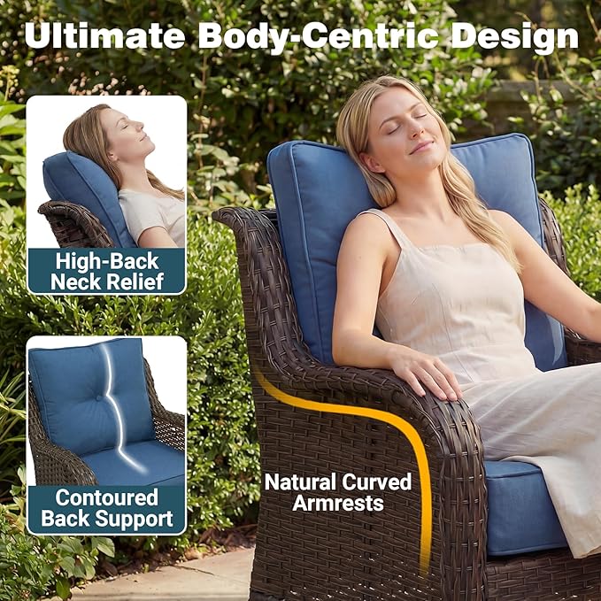 Patio Furniture Set, 3PCS Outdoor Wicker Conversation Set Porch Furniture with 6" Thick Cushions, High Back Swivel Chairs, Weather Resistant Olefin Fabric for Garden, Poolside, Navy Blue