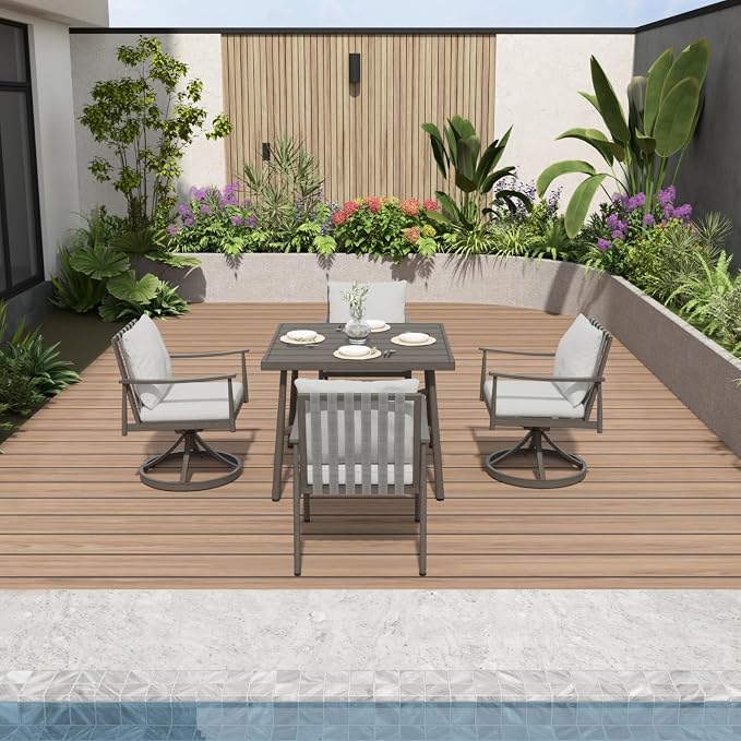 5-Piece Outdoor Dining Set - Aluminum Patio Dining Set with Rope Backrest,2 Swivel Rocking Chairs,2 Fixed Chairs and Square Table with Umbrella Hole,Removable Cushion for Lawn Porch Yard,Grey