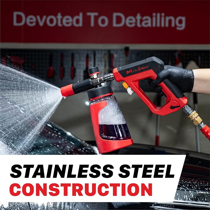 Maxshine Short Pressure Washer Gun Pro – 5000PSI Power Washer Gun with Auto Lock 1/4” Quick Connect, Includes 2 Nozzles with Storage – Stainless Steel Build, Dual Safety Lock, 360° Swivel