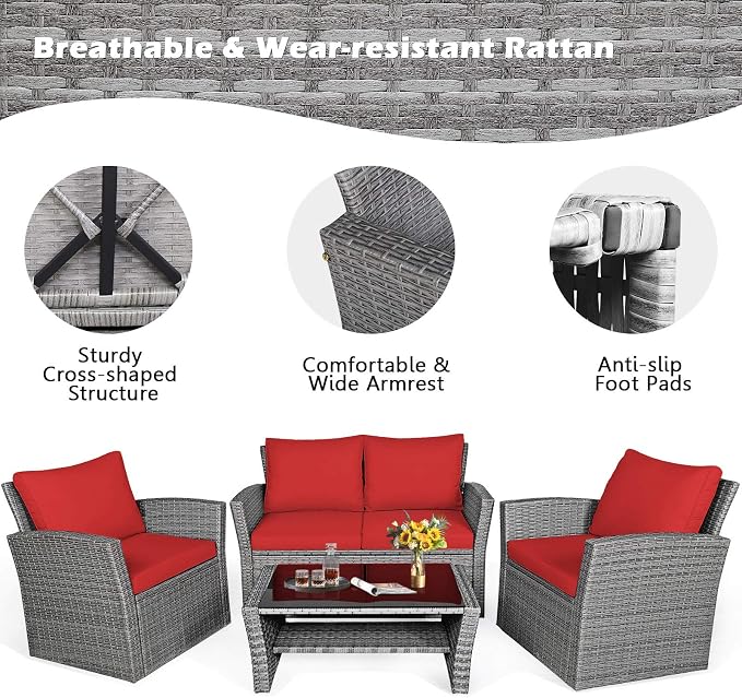HAPPYGRILL 4 Piece Patio Rattan Furniture Set Outdoor Conversation Set with Cushions and Coffee Table, Sectional Wicker Sofa Set for Garden Porch Balcony Poolside