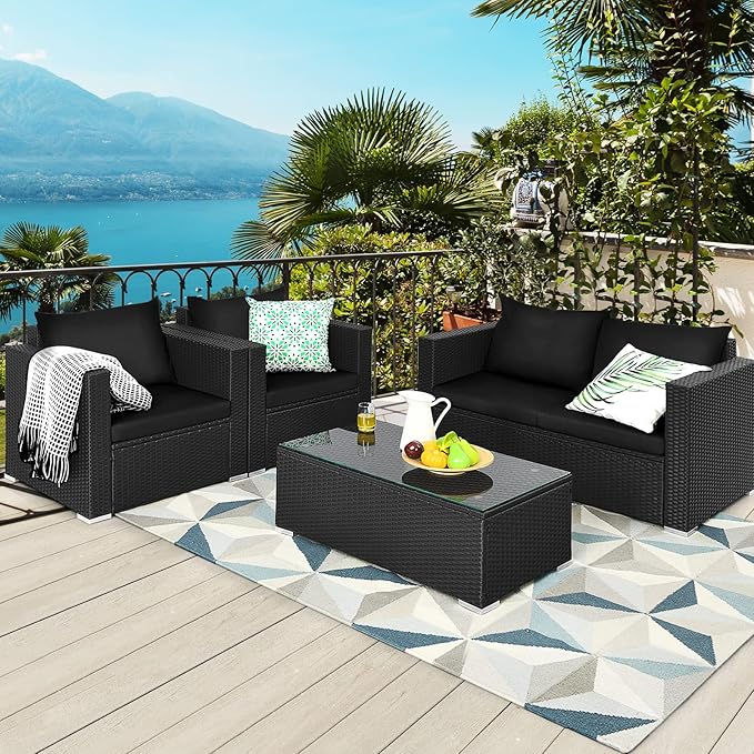 COSTWAY 4-Piece Patio Rattan Furniture Set, Cushioned Sofa Chair, Loveseat and Coffee Table with Tempered Glass Top, Outdoor Conversation Sets for Garden Poolside Balcony Porch (Black)