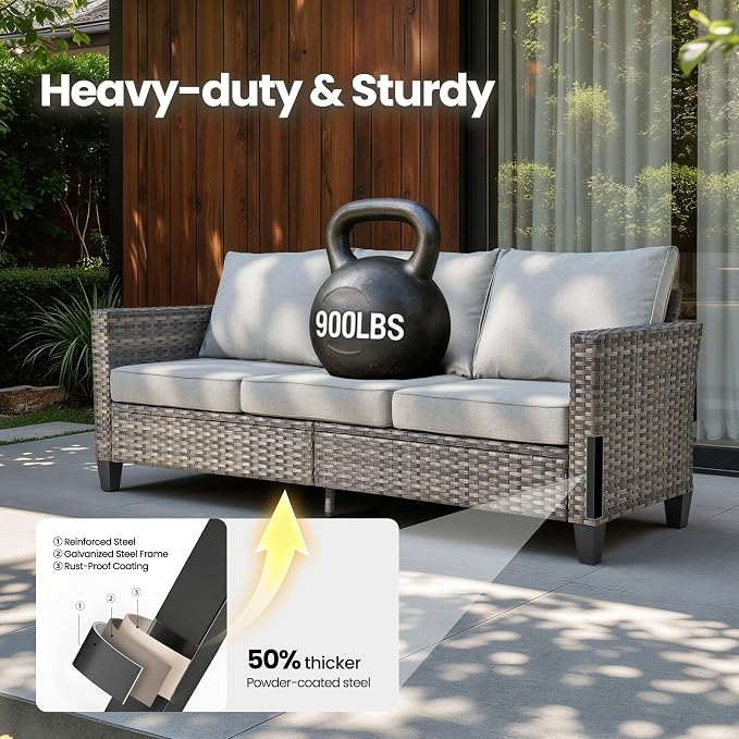 6 Piece Wicker Patio Furniture with Swivel Rocker Chair, Gray | High Back Swivel Rocker Chairs, Outdoor Sofa Ottoman, Heavy Duty, All Weather Rattan Modern Conversation Sets, Deck Backyard