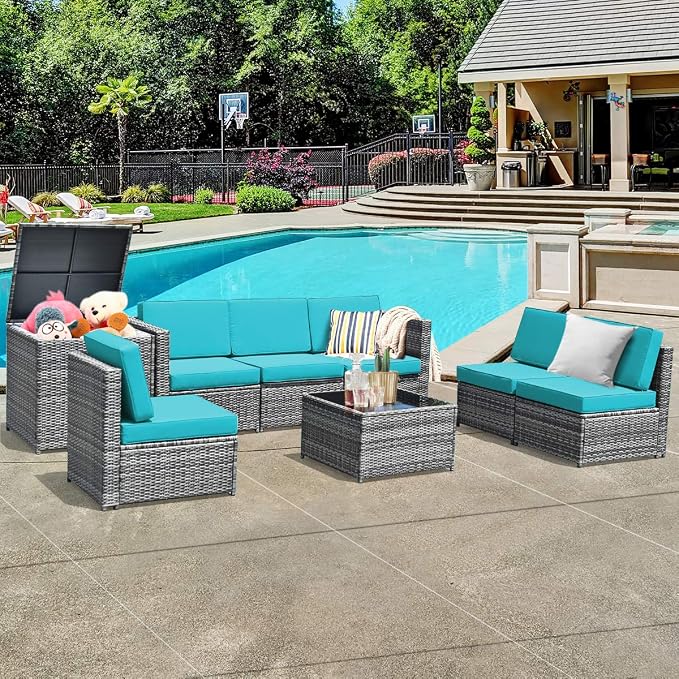 RELAX4LIFE 8-Piece Patio Furniture Set - PE Wicker Conversation Set w/Soft Cushions & Tempered Glass Storage Table, Outdoor Sectional Sofa Set for Garden, Poolside, Backyard (Turquoise)