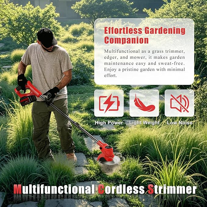 21V Electric Weed Wacker Cordless String Trimmer Battery Powered Grass Trimmer with 90° Adjustable Head 2 X 2.0Ah Battery and Charger Lightweight Brush Cutter Edger Lawn for Garden Yard,Red