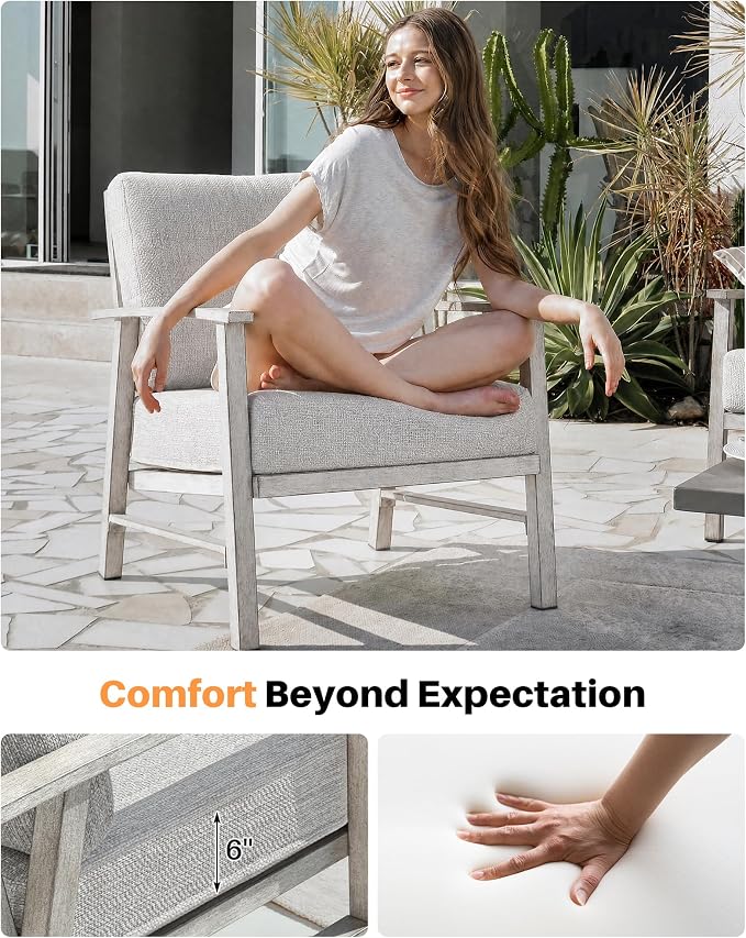 Outdoor Patio Chairs Set of 2, Outdoor Aluminum Armchair Conversation Set with Thick Cushions, 2 Pieces All Weather Patio Furniture Sofa Chairs Set for Garden, Poolside, Lawn, White Oak