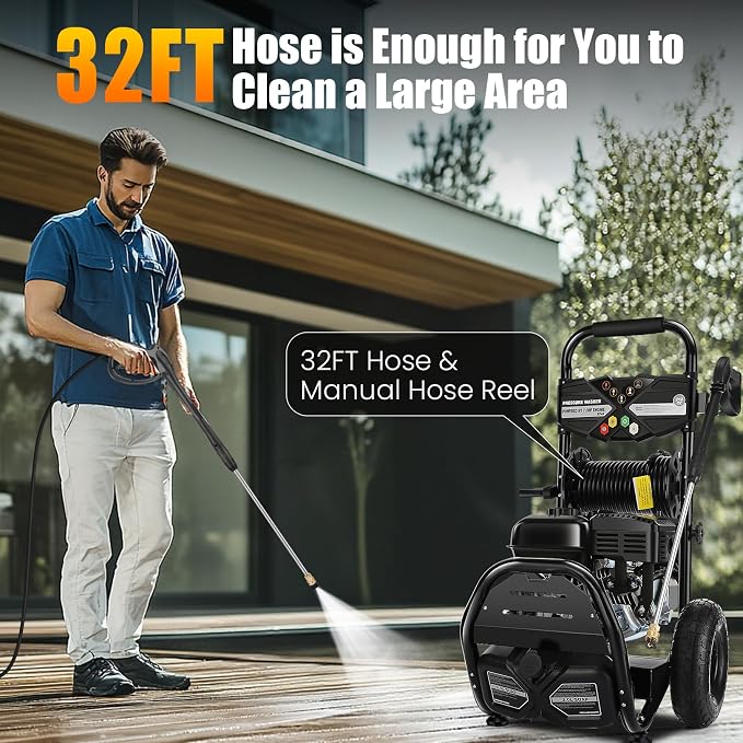 4200PSI Gas Pressure Washer 4.0GPM Gas Power Washer 212CC Gas Powered Washing Machine Commercial High Pressure Washer with 32ft Hose Reel&5 Nozzles for Patio Garden Yard Vehicle,EPA/CARB/ETL