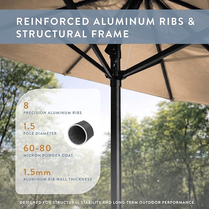 California Umbrella 8-Year Protection 9 Ft Outdoor Patio Umbrella, Solstice Fade-Resistant Fabric, Auto-Tilt, Heavy Duty Aluminum Frame, 8 Reinforced Ribs for Pool or Deck, Black Pole, Antique Beige