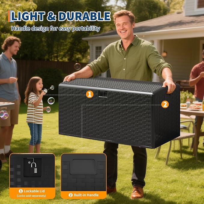 Patikuin 99 Gallon Outdoor Resin Deck Box - Waterproof & UV-Resistant Storage Bench with Lockable Lid, Gas Struts - Rattan Texture for Cushions, Garden Tools, Pool Accessories - Black