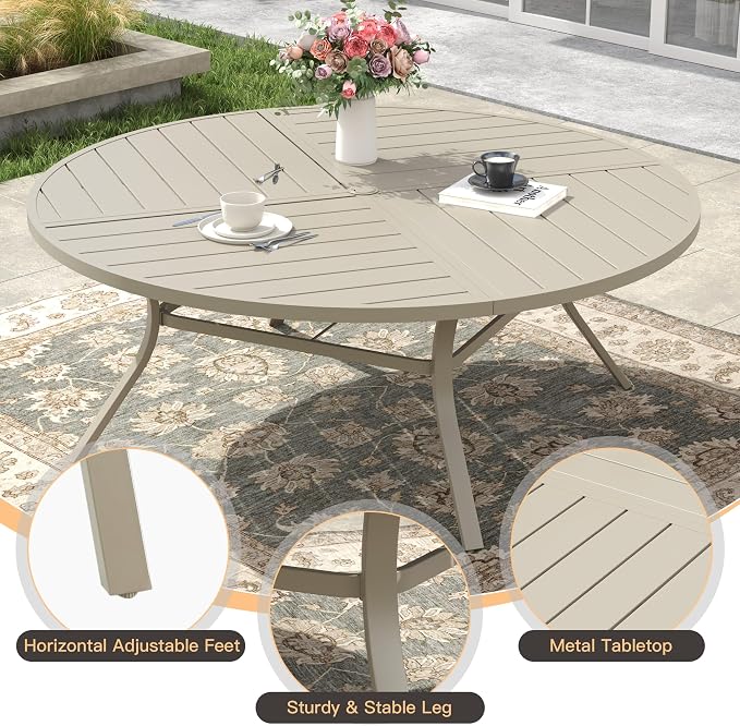 9 Pieces Round Outdoor Table and Chairs Set, Patio Dining Set with 60" Round Spliced Outdoor Table and Patio Swivel Chairs for Backyard Lawn Garden, Sandshell Table and Sandshell Chairs