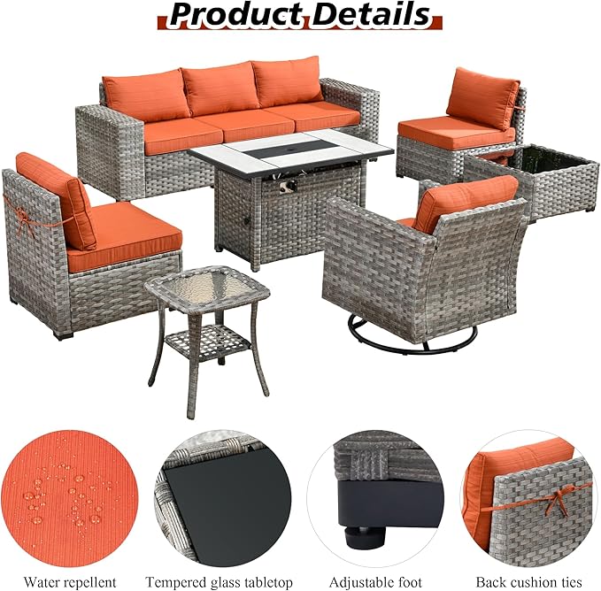 HOOOWOOO Outdoor Patio Sectional Furniture Sofa Set with Large Fire Pit Table,9 Piece Modern Wicker Couch with Swivel Chair,Modular Conversation Seating Set with Widened Armrest(Orange Red)