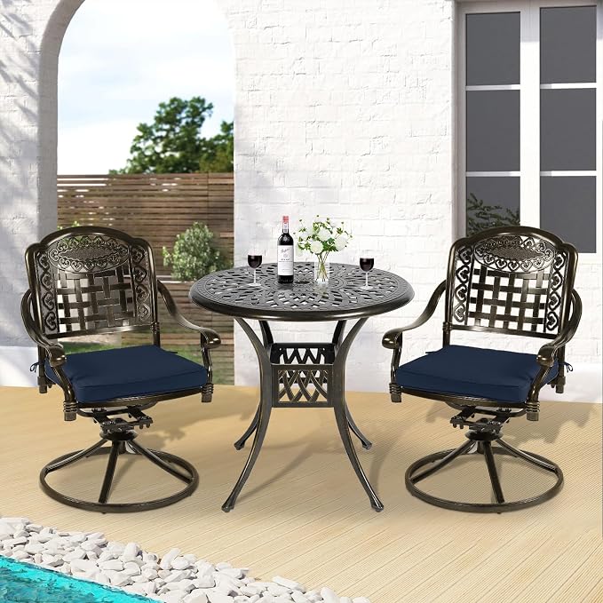 3-Piece Outdoor Patio Dining Set, All-Weather Cast Aluminum Patio Furniture Set for Backyard Garden Deck with 2 Swivel Cushioned Chairs and 31” Round Table, 2" Umbrella Hole, Navy Blue