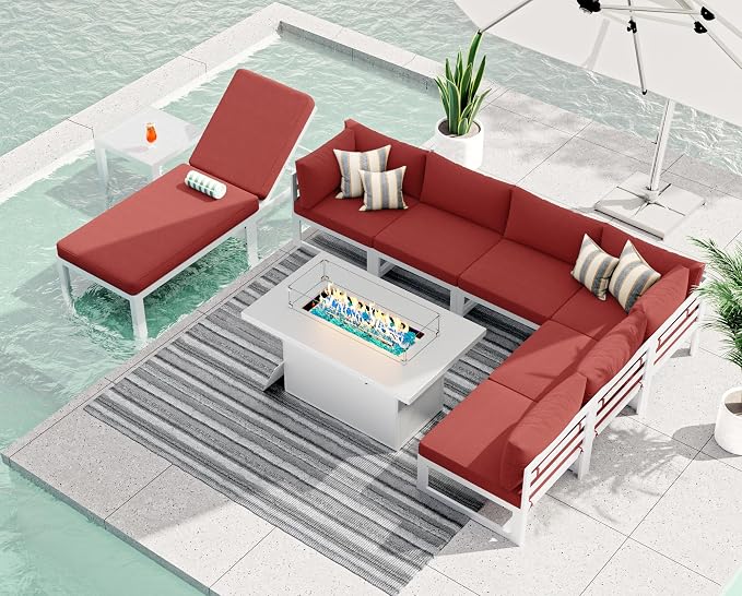 RADIATA 7 Person Modern Aluminum Outdoor Patio Furniture Set with Chaise & Firepit Table, 29 inch Wide Deep Seat, All Weather Modular Sectional Couch, Oversized Conversation Set for Garden Deck, Red