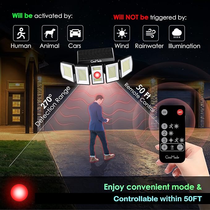 GeoMade Solar Outdoor Lights, Flood Light Motion Sensor & Dusk to Dawn, Solar Spotlights Outdoor Waterproof, 300 Security LED & Remote Control, 5 Head 270°, Spot lamp for Wall Backyard, 2 Pack