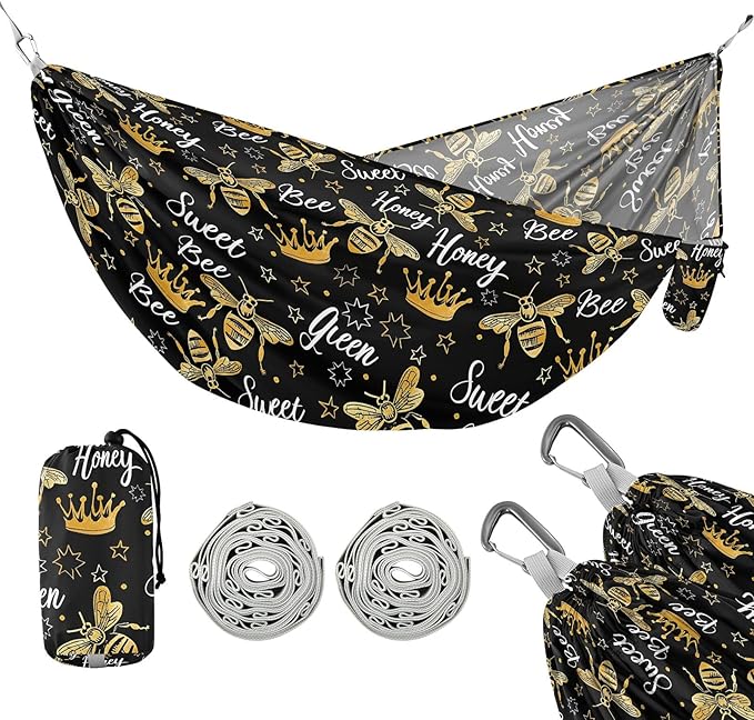 Camping Hammock Outdoor Hammocks for Outside Golden Bee Queen Crown Beach Trees Portable Lightweight with Pockets Tree Straps Indoor