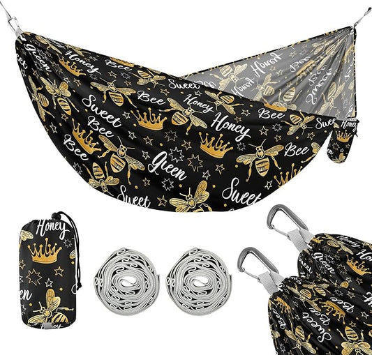Camping Hammock Outdoor Hammocks for Outside Golden Bee Queen Crown Beach Trees Portable Lightweight with Pockets Tree Straps Indoor