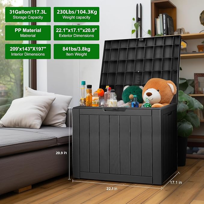 Resin Deck Box, Lockable Patio Outdoor Storage Box for Furniture, Garden Tools and Tools Storage, Waterproof Outside Storage Boxes (Black, 31 Gallon)