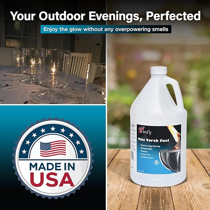 Firefly Fuel Tiki Torch Fuel – Clean-Burning Outdoor Lamp Oil for Tiki Torches and Lanterns. Low Smoke, Pure, Odorless Formula, Long-Lasting – Outdoor Patio & Garden Use - 1 Gallon