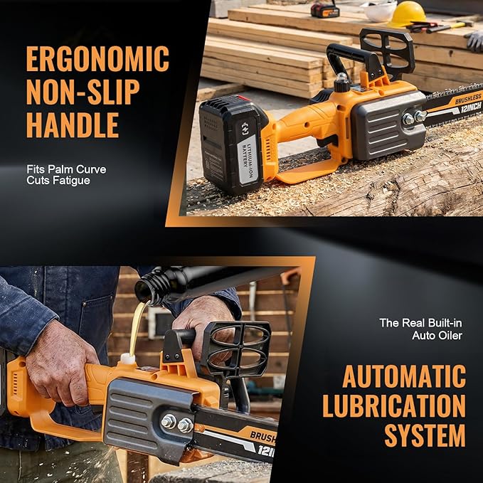 Electric Brushless Chainsaw Cordless, 12" Electric Chain Saw, 20V Battery Power Chain Saw for Tree Trimming and Branch Wood Cutting with 2 * 4.0Ah Battery and Charger