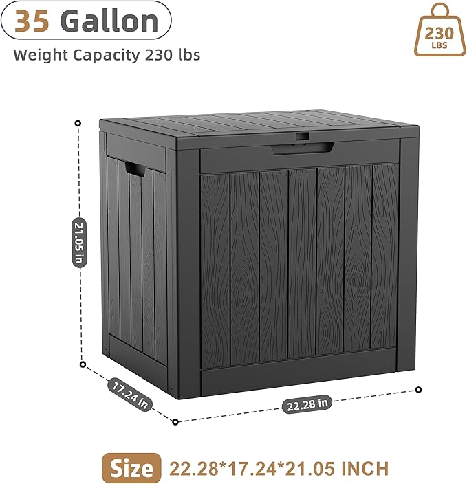 DRATO 35 Gallon Outdoor Storage Box Waterproof, Resin Small Deck Box for Patio Furniture Bench, Pool Garden Tools, Weatherproof Outside Storage Bin for Backyard Porch (Black, 35 Gallon)