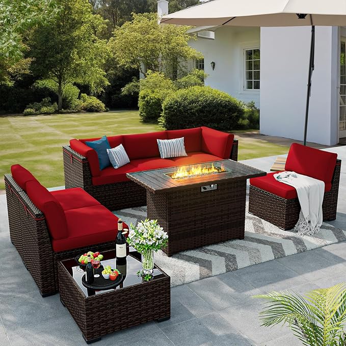 8 Pieces Outdoor Patio Furniture Set with 44" Fire Pit Table Rattan Sectional Conversation Sets w/Gas Fire Pit, Coffee Table, 1 Waterproof Covers, Wine red