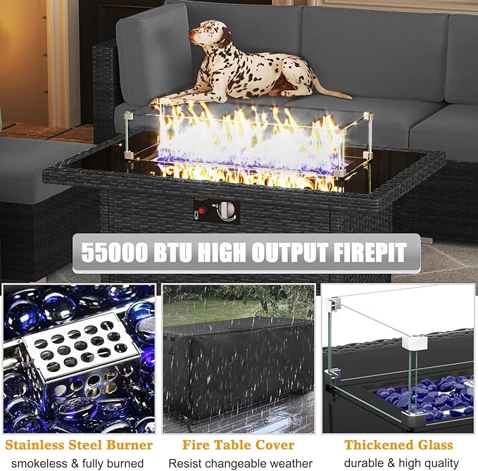 LayinSun 8 Piece Patio Furniture Set with 44" Propane Gas Fire Pit Table, Outdoor Sectional Conversation Set Wicker Rattan Sofa Set with Coffee Table