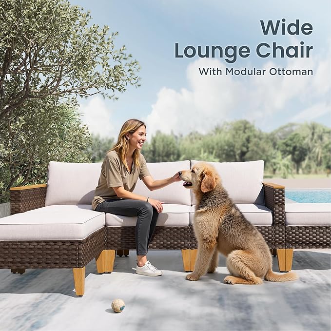 PHI VILLA 8-Piece Outdoor Patio Conversation Set with 56" Fire Pit Table, Outdoor Rattan Furniture Patio Set for 7 Seats with Cushioned 3 x Armrest Chair, 2 x Ottoman and 2 x Armless Sofa, Beige
