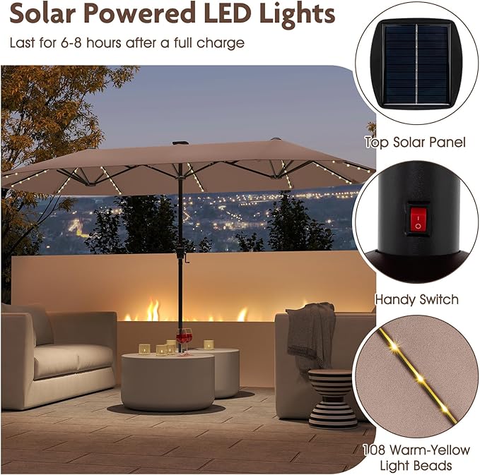 Tangkula 13 FT Large Patio Umbrella w/LED Solar Lights, Crank Handle, 12 Heavy-Duty Ribs, Outdoor Double-Sided Table Market Umbrella Rectangular Twin Parasol for Garden Deck Lawn Poolside (Tan)
